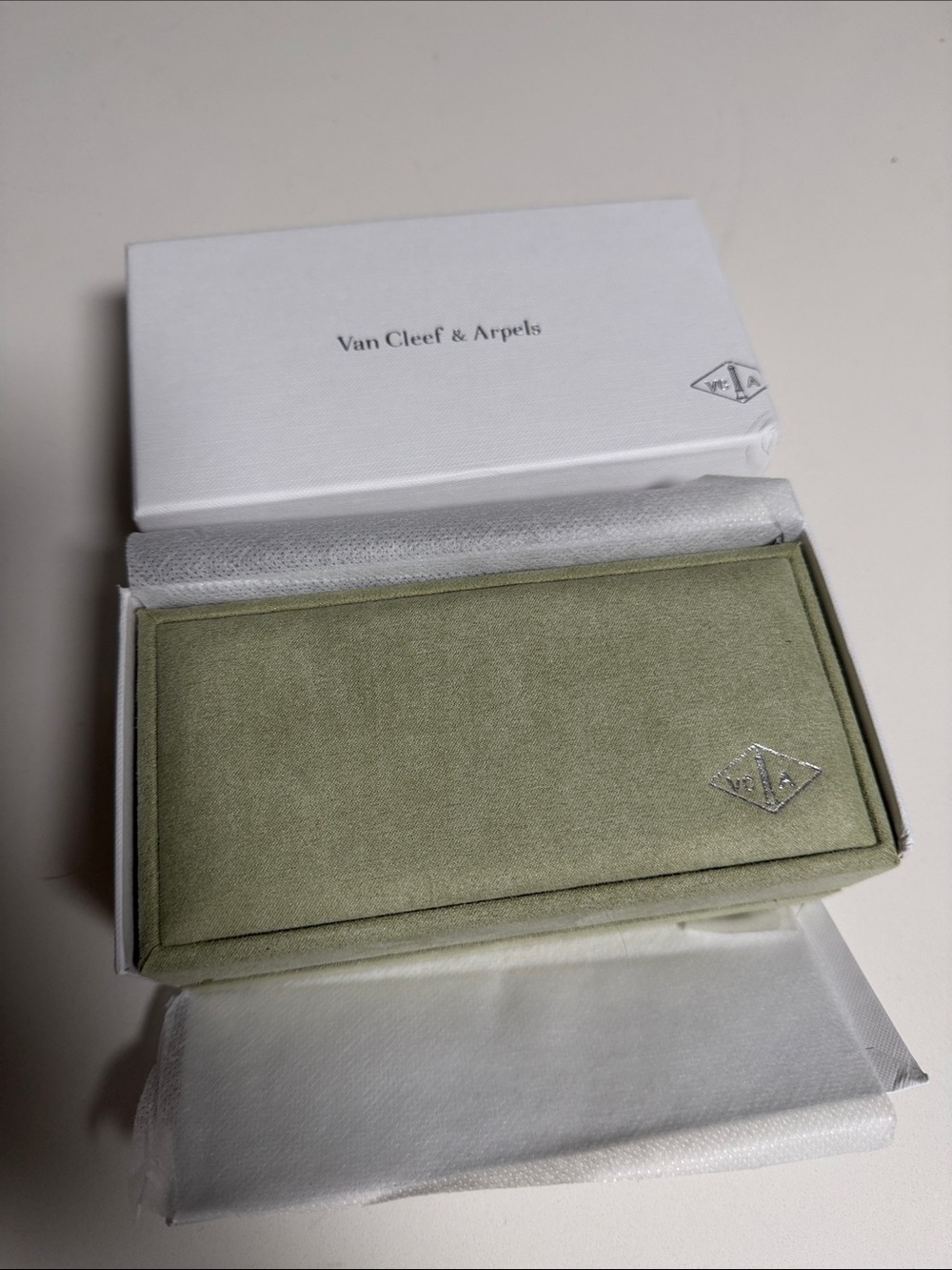 Van Cleef & Arpels Olive Green Suede Accessory empty jewls box/ with cover